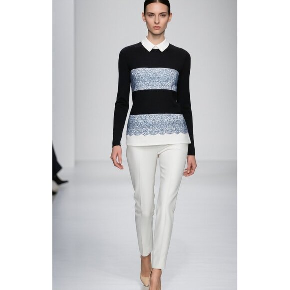 Tory Burch  Navy Blue Wool Contrast Paneled Collared Sweater L - Picture 2 of 12